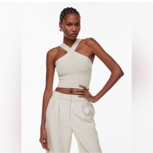 Crossover Ribbed Crop Tank Top - Cream